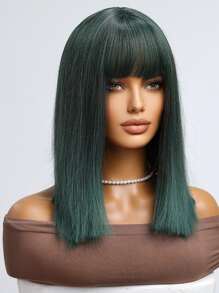 High Quality Natural Vertical Dark Green 14-Inch Short Straight Bob Wig With Bangs Ladies Fashion Wig Synthetic Heat-Resistant Fiber Wig Perfect For Holiday Travel Family Party Cosplay Everyday Wear