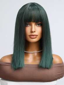 High Quality Natural Vertical Dark Green 14-Inch Short Straight Bob Wig With Bangs Ladies Fashion Wig Synthetic Heat-Resistant Fiber Wig Perfect For Holiday Travel Family Party Cosplay Everyday Wear