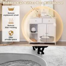 Cat Litter Box Enclosure Hidden Cat Washroom Side Cabinet W/ 2 Drawers - White - View 5