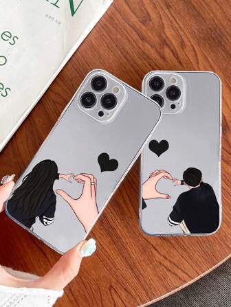 2 st högkvalitativa genomskinliga telefonskal med kreativ hjärtdesign kompatibel med -serien, lämpliga för par och alla hjärtans dag