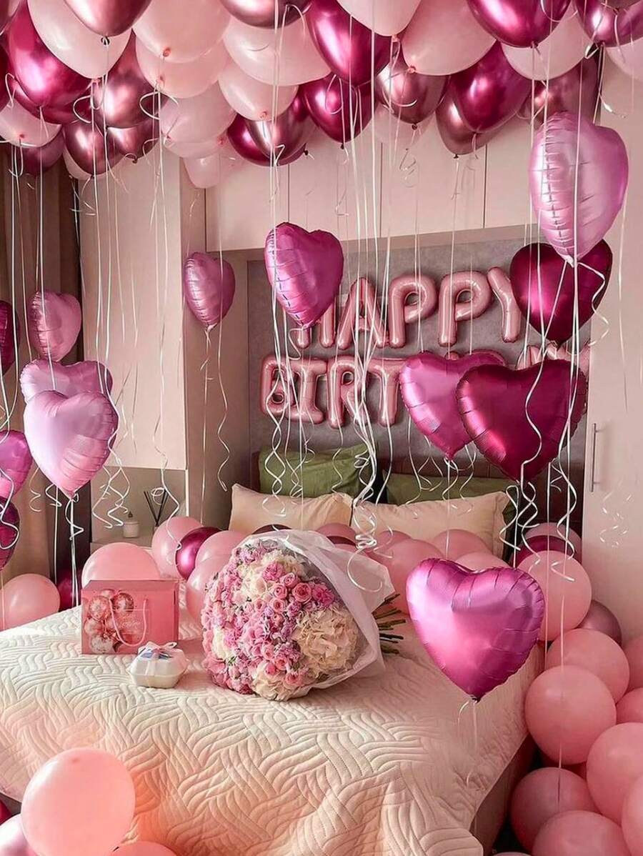49pcs Pink Happy Birthday Balloon Set, Includes Birthday Set & Heart-Shaped Balloons & Metallic Pink Balloons, Suitable For Birthday Party, Adult Ceremony, Wedding, Bridal Shower, Anniversary, Shower Party - Multicolor - View 1