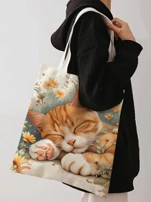 Katzen-Muster beidseitig bedruckte Schultertasche, bedruckte Handtasche, lässige Reise-Strandtasche mit großer Kapazität, wiederverwendbare Schulter-Einkaufstasche, Damen lässige Schultertasche, Handtasche mit großer Kapazität, Segeltuch-Strandtasche, Handtasche, Einkaufstasche, bedruckte Damen Einkaufstasche für den Rücken zur Schule, Schulmaterial, Rückkehr zur Schule