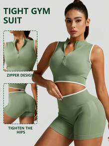 1 Conjunto de ropa deportiva de primavera para mujer con media cremallera, top corto sin mangas y shorts ajustados, de ajuste ceñido