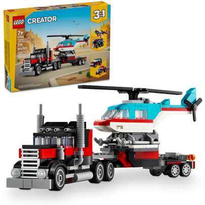 LEGO Creator 3 In 1 Flatbed Truck With Helicopter Toy, Transforms From Flatbed Truck Toy To Propeller Plane To Hot Rod And SUV Car Toys, Gift Idea For Boys And Girls Ages 7 Years Old And Up, 31146