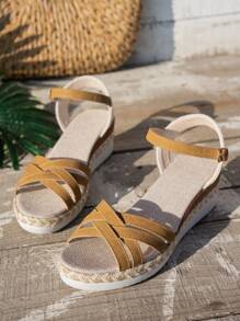 Women's Wedge Platform Sandals, Summer Rope Woven Open Toe Criss-Cross Breathable Slides, Casual Fashion Versatile Strap Sandals