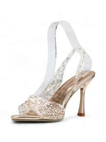 Sparkling Crystal Stiletto Heels Stylish High Heels Summer Sandals For Women - Champagne - View 3