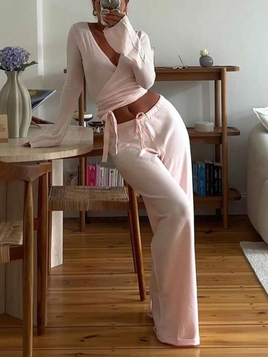 Women Y2k 2 Piece Outfits Long Sleeve Crop Tops Y2k Casual Deep V Neck Cross Wrap Slim Fit T-Shirts Wide Leg Pants Tracksuit Lounge Yoga Sets - 粉色 - 查看 1