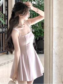 优雅纯色派对芭蕾舞裙夏季纯色紧身胸衣公主生日 Y2K 短款连衣裙宽肩带女装 - 粉色 - 查看 5