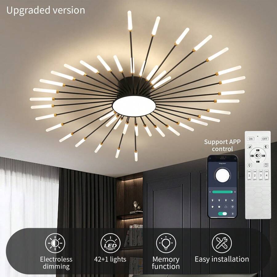 42 Lights Modern Flower-Shaped Ceiling Light , Recessed Metal & Acrylic Firework Petal LED Fixture For Living And Dining Rooms ,Remote Control Included - 黑色 - 查看 1