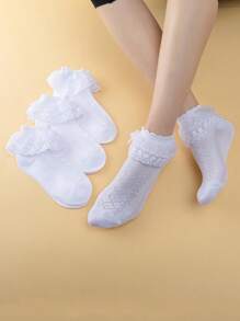 1 Par/4 Pares/5 Pares Calcetines de encaje de doble capa para niños/niñas, calcetines deportivos cortos casuales de unicolor y malla transpirable para bebés