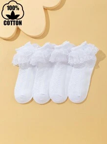 1 Par/4 Pares/5 Pares Calcetines de encaje de doble capa para niños/niñas, calcetines deportivos cortos casuales de unicolor y malla transpirable para bebés