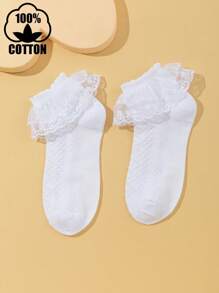 1 Par/4 Pares/5 Pares Calcetines de encaje de doble capa para niños/niñas, calcetines deportivos cortos casuales de unicolor y malla transpirable para bebés