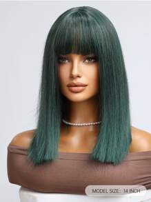 High Quality Natural Vertical Dark Green 14-Inch Short Straight Bob Wig With Bangs Ladies Fashion Wig Synthetic Heat-Resistant Fiber Wig Perfect For Holiday Travel Family Party Cosplay Everyday Wear