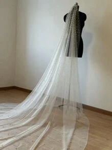 单层薄纱长款仿珍珠新娘头纱，及地教堂式头纱，适合女士秋季服装和情人节配饰 - 象牙色 - 查看 7