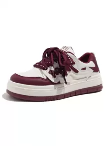 女士低帮透气帆布运动鞋，系带休闲平底鞋，适合校园，简约时尚，酒红色
