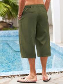Mens Beach Linen Shorts Casual Loose Cotton Cropped Pants Elastic Waist Drawstring Summer Classic Beach Shorts With Pockets - xanh quân đội - Xem 4