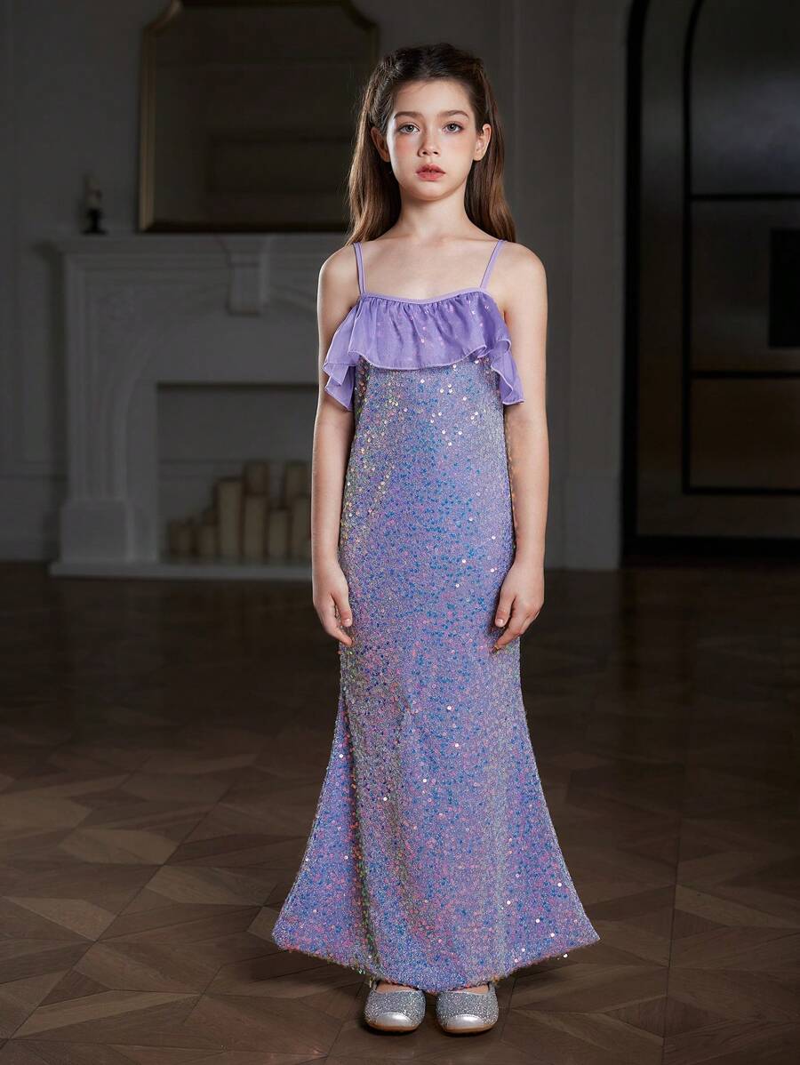 Tween Girls Elegant & Purple Sequins Splice Evening Gown Dress, Spaghetti Strap Off Shoulder Mermaid Silhouette Suitable For Prom, Wedding, Party, Birthday, Gathering - Violet Purple - View 1