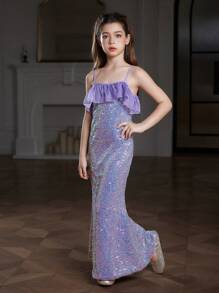 Tween Girls Elegant & Purple Sequins Splice Evening Gown Dress, Spaghetti Strap Off Shoulder Mermaid Silhouette Suitable For Prom, Wedding, Party, Birthday, Gathering - Violet Purple - View 4