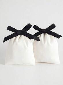6 件白色天鹅绒束口袋配黑色丝带，8*10 厘米，适用于派对、珠宝、圣诞节情人节 - 白色 - 查看 1