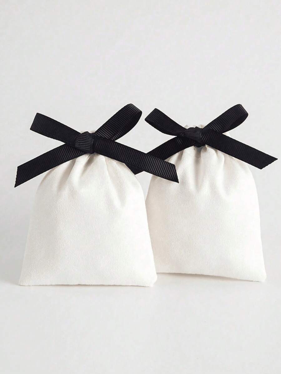 6 件白色天鹅绒束口袋配黑色丝带，8*10 厘米，适用于派对、珠宝、圣诞节情人节 - 白色 - 查看 1
