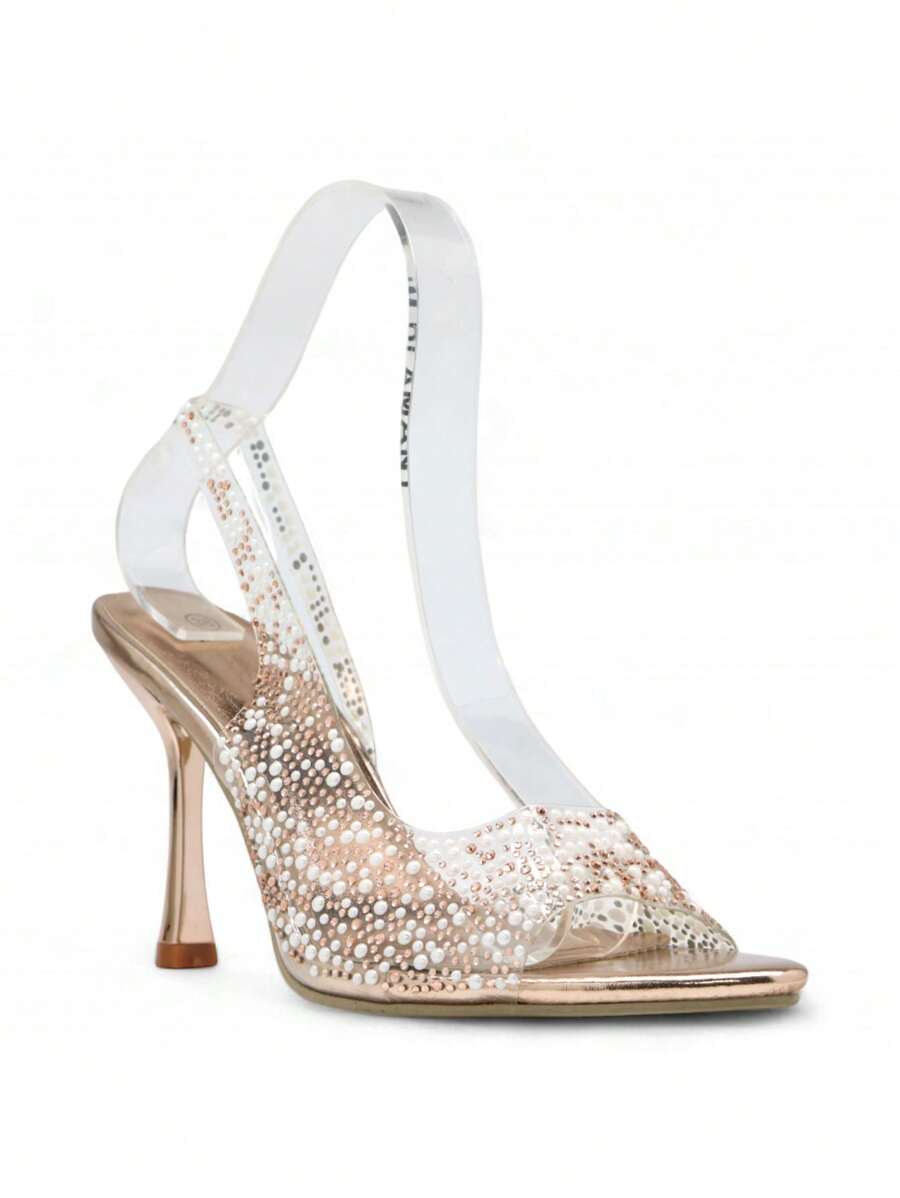 Sparkling Crystal Stiletto Heels Stylish High Heels Summer Sandals For Women - Champagne - View 1