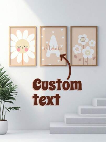 3pcs Print Daisy Wall Art Custom Personalized Name Sign Neutral Girl Room Decor Floral Printable, Flower Wall Art, Boho Nursery Decor, Personalized Christmas Gifts, Family Gifts, Birthday Gifts, Friends Gifts, Bedroom Home Decoration, Christmas, Simple And Stylish Home Decoration Art, Beautiful Art Poster, New Year Gifts, Birthday Gifts Back To School