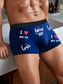 1pc Men's Breathable Printed Briefs, "I Love My Wife" Pattern - Blue - View 1