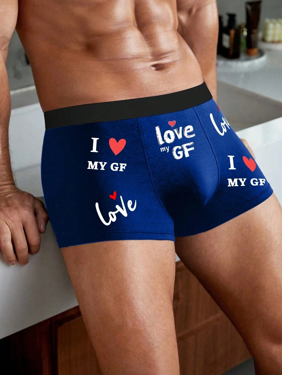 1pc Men's Breathable Printed Briefs, "I Love My Wife" Pattern - Blue - View 1
