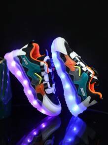Zapatos con luz LED arcoíris que se ilumina por USB, respirables de malla para niños/niñas/niños pequeños, zapatillas deportivas informales adecuadas para baile, , baile callejero, fiesta, actuación, para todas las estaciones - Negro - Ver 4