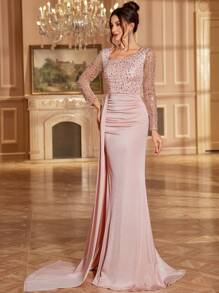 新款优雅派对宾客礼服，亮片点缀浪漫方领无袖连衣裙，春夏婚礼宾客礼服，正式礼服，晚礼服，长袍 - 粉色 - 查看 5