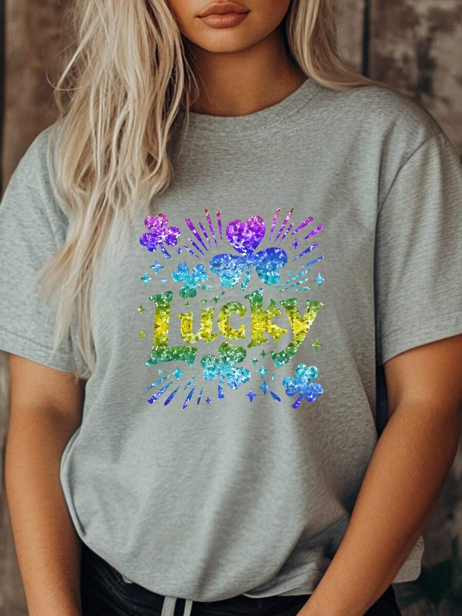 Camiseta de mujer talla grande para el Día de San Patricio, con estampado de trébol, letras de la suerte y estrellas con lentejuelas, de manga corta y cuello redondo, estilo urbano para verano - Gris - Ver 1