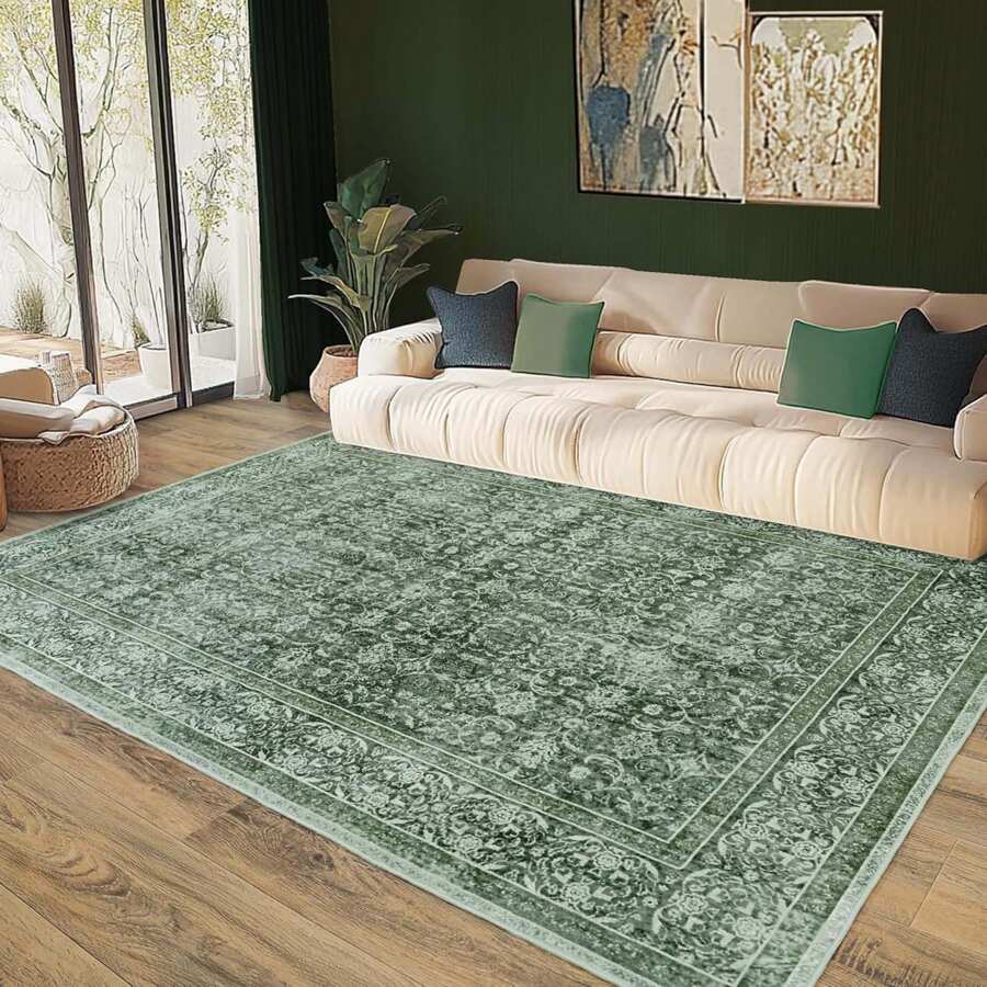 Large Floral Area Rugs For Living Room, Washable Printed Vintage Floral Rug For Living Room, Extra Large Area Rugs For Bedroom Low Pile Non Slip Rug For Home Decor Aesthetic - 墨綠色 - 查看 1
