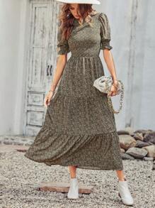 Women Casual Summer Crew Neck Ruffle Short Sleeve Floral Print Polka Dots Smocked Dress Button Keyhole Back Spring Boho Bohemia Tropical Flowy Beach Holiday Vacation Valentine Long Maxi Dress - 綠色 - 查看 4