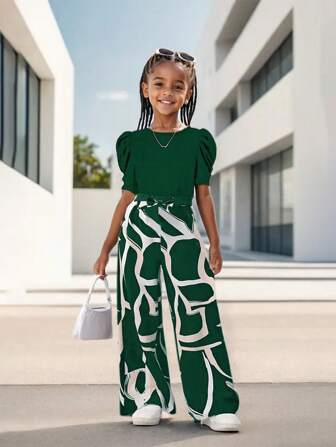 2pcs/Set Teen Girls Stylish Casual Puff Sleeve Top And Fashionable Printed Wide Leg Pants Set