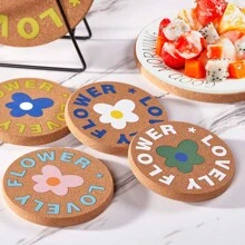 4 件厨房餐桌耐热杯垫和花形木制杯垫，适用于饮料、咖啡、情人节、父亲节礼物生日、套装家居装饰桌面保护适用于各种杯子