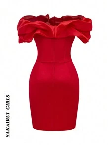 Women's Solid Red Mini Puff Sleeve One-Shoulder Collar Elegant Waisted Swing Christmas Date Party Dress, Wedding Women Dresses - Đỏ - Xem 5