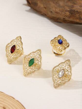 1pc Adjustable Palace Metal Alloy Rhinestone Decorated Ring, Wedding Party Festival Jewelry Gift For Women