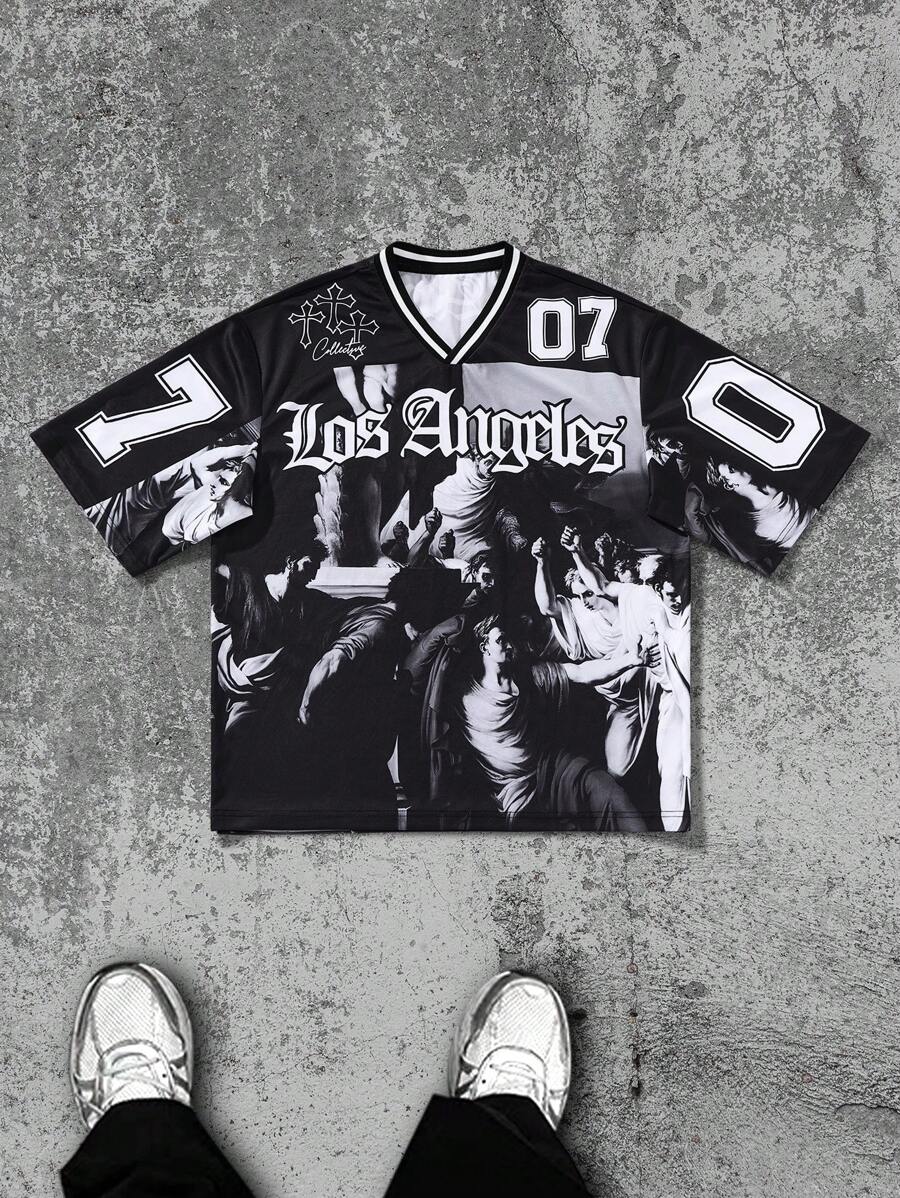 New Loose Fit Letter Graphic Short Sleeve Shirt For Men