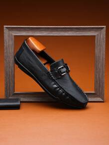 Minimalist Solid Color Low-Cut Metal Buckle Retro Style Men's Loafers Shoes, Versatile For Business, Social, Wedding, Casual, Vacation, Commute,
