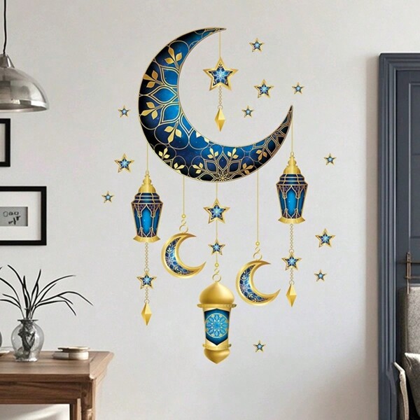 1 pezzo Adesivi belli con luna crescente, luna a stella, rosa, blu e oro per Ramadan, Eid Al-Fitr, Eid Al-Adha, decorazione per vetri, pareti, feste, esposizioni e atmosfera