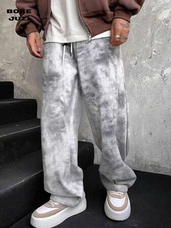 男士宽松扎染直筒休闲裤，复古长款宽松运动裤，适合外出，休闲时尚的日常穿着。