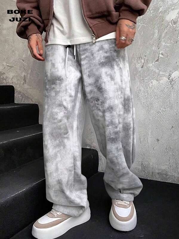 Men's Loose Tie-Dye Straight-Leg Casual Pants, Vintage Long Baggy Sweatpants For Going Out, Casual And Fashionable Everyday Wear.