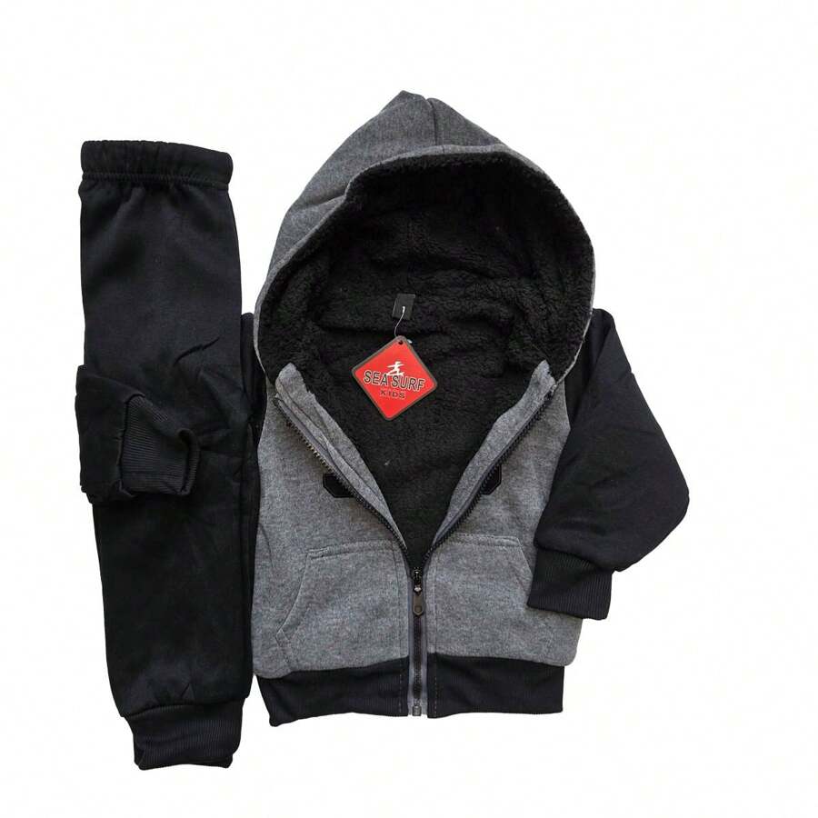 Sea Surf Children's Plush Sweatshirt Set, Fully Lined, Cozy And Warm, Ideal For Intense Cold, Casual And Modern Style For Boys, Perfect For Walks, Parties, Outdoor Play, Daily Use In Winter And Gifts. - 深灰色 - 查看 1