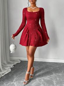 AIJ Amarilo 女士性感时尚方领亮片露背伞形长袖摆裙，适合约会、派对