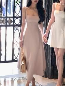 Romantic Pink Square Neck Elegant A-Line Sleeveless Midi Spring Summer Graduation Dress - Baby Pink - View 5