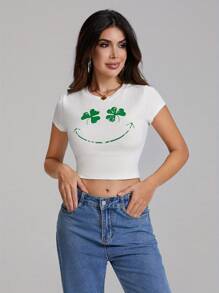 Womenacute;S Easter Crop Tee Cartoon BunnyEgg Print Short Sleeve Round Neck Slim Crop Tops