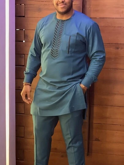 2 件套加大码优雅蓝色 Dashiki 男士套装，刺绣、撞色、长袖、松紧腰裤、非洲服装、休闲衬衫和裤子两件套西装，新品上市，适合派对、约会、日常穿着、文化活动、传统仪式