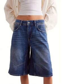 Womens Knee Length Denim Shorts Solid Color Low Waist Wide Leg Jean Shorts For Summer - Blue - View 1