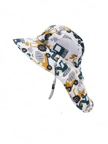 1pc Kids Cartoon Vehicle & Excavator Print Sun Hat, Large Shawl Collar Design Beach/Vacation Sun Protection Bucket Hat, Spring/Summer - Excavator Truck - View 4