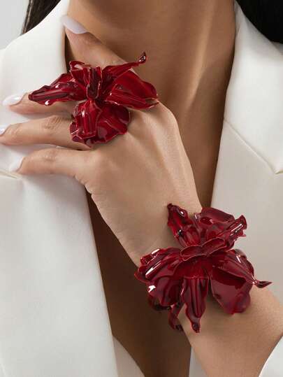 1 Set Elegant Fashion Geometric Asymmetrical 3D Floral Bangle & Ring Jewelry Set, Gift For Women, Party/Holiday Wear